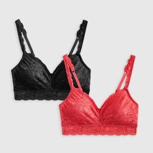 New Quince Women's Stretch Lace Sweetheart Bralette (2-pack) Ruby Red & Black S
